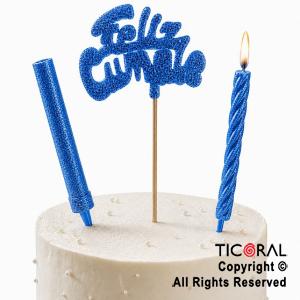 ADORNO DE TORTA SET FELIZ CUMPLE CON BENGALA Y VELA 9 CM GIBRE AZUL x 1